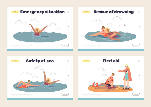 Beach emergency set of landing pages with lifeguard saving and giving first aid to sinking woman Beach emergency set of landing pages with lifeguard saving and giving first aid to sinking woman tourist while swimming in sea. Cartoon flat vector illustration swimming protection stock illustrations