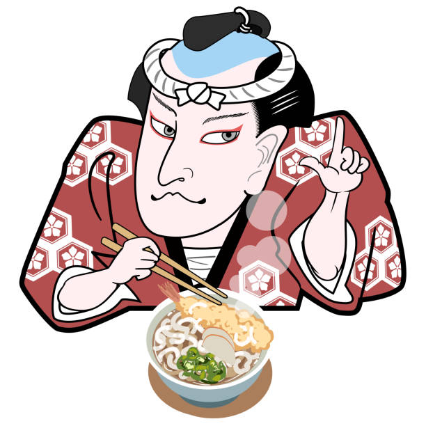 うなを食べる赤いハッピーコートを着た浮世絵 - 歌舞伎点のイラスト素材／クリップアート素材／マンガ素材／アイコン素材