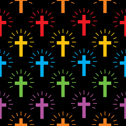 Vector seamless pattern of colorful glowing religious crosses on a square black background.