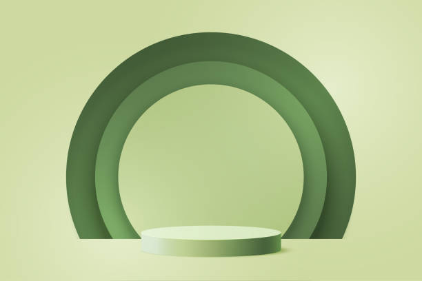istock 3d Paper cut abstract minimal geometric shape template background.Green cylinder podium on green circle background. 1312044010
