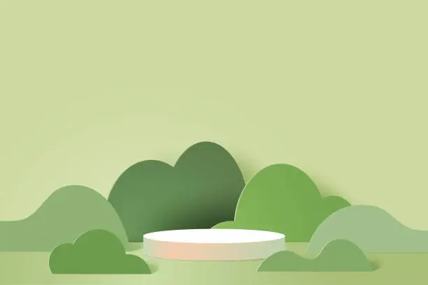 Vector illustration of 3d Paper cut abstract minimal geometric shape template background.White cylinder podium on green nature landscape.