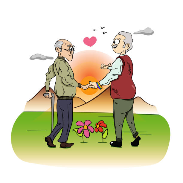 illustrazioni stock, clip art, cartoni animati e icone di tendenza di una coppia gay anziana innamorata illustrazione vettoriale. grafica di celebrazione dell'orgoglio lgbtq. due maschi innamorati del matrimonio che camminano nel parco. l'amore è amore. gay pride gay famiglia matrimonio tra persone dello stesso sesso - rainbow gay pride homosexual homosexual couple