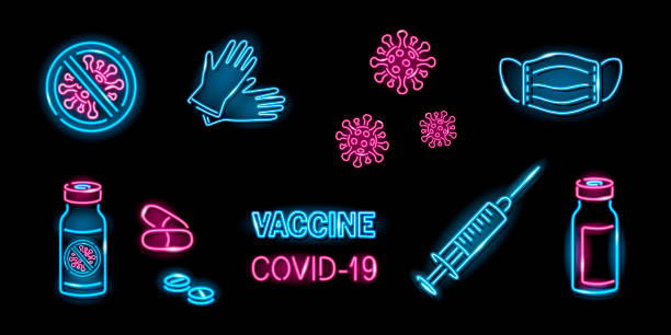 コロナウイルスワクチン接種コンセプトのネオンアイコンのセット。注射器、covid-19、ワクチン、バイアル、ワクチン、フェイスマスク、丸薬、黒い背景に分離された医療手袋のアイコン。� - vial capsule pill nobody点のイラスト素材／クリップアート素材／マンガ素材／アイコン素材