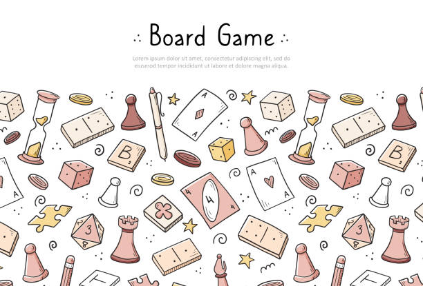 Hand drawn banner template of board game Hand drawn website banner template with of board game element. Doodle sketch style. Vector illustration for board game shop, store background, game competition banner, frame board games stock illustrations
