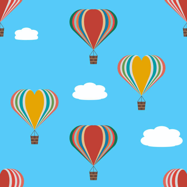 ilustrações de stock, clip art, desenhos animados e ícones de hot air balloons and clouds repeat pattern - air nature high up pattern