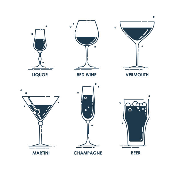 ilustrações, clipart, desenhos animados e ícones de glassware licor vinho tinto vermouth martini champagne beer line art em estilo plano. ilustração alcoólica do restaurante para design de celebração. elemento contorno. ícone do contorno da bebida. isolado no fundo branco - copo de martini