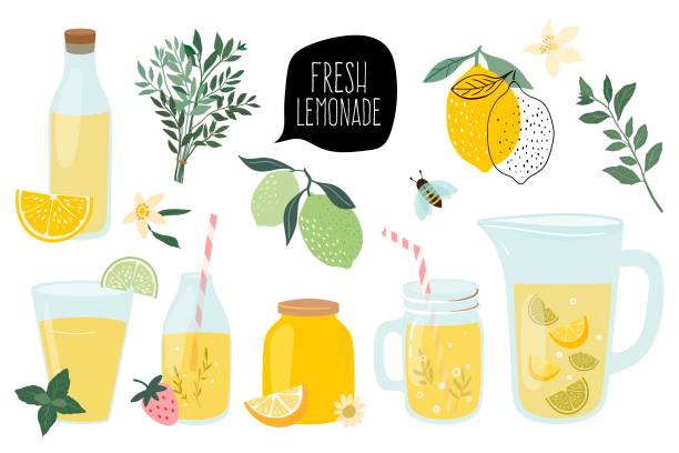 illustrations, cliparts, dessins animés et icônes de collection de limonade fraîche d’été avec différents éléments - honey crisp