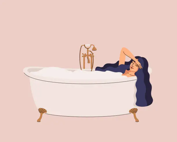 Vector illustration of Vector illustration of beautiful woman lies in a classic bath on legs on a light pink background