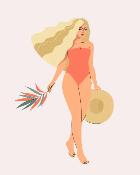 Vector illustration of Vector blonde woman is walking in a swimsuit with a hat in the arms and a palm leaf