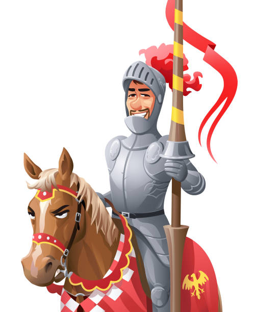 Knight With Lance Riding A Horse Vector illustration of a Medieval knight with a lance riding a horse, looking at the camera, isolated on white. knights templar symbols stock illustrations