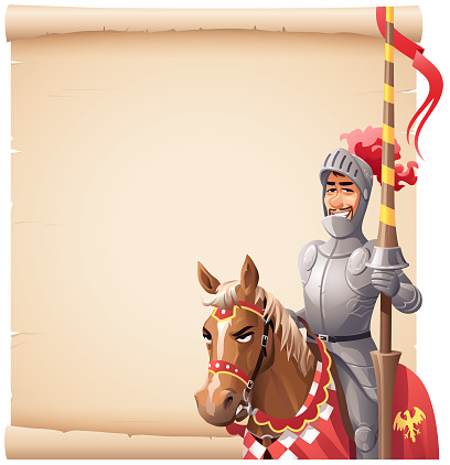 Vector illustration of a Medieval knight with a lance on a horse in front of an old paper scroll. Vector illustration with space for text.