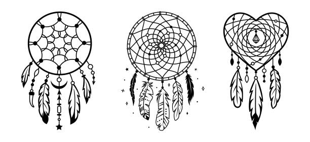 Dreamcatcher set. Silhouette of native american symbol. Tribal indian design elements. Set of dream catcher designs. Tribal indian symbol. Ethnic vector illustration. Dreamcatchers silhouette. Boho style print. Outline sign threads, beads and feathers. Native american design. symbol north american tribal culture bead feather stock illustrations