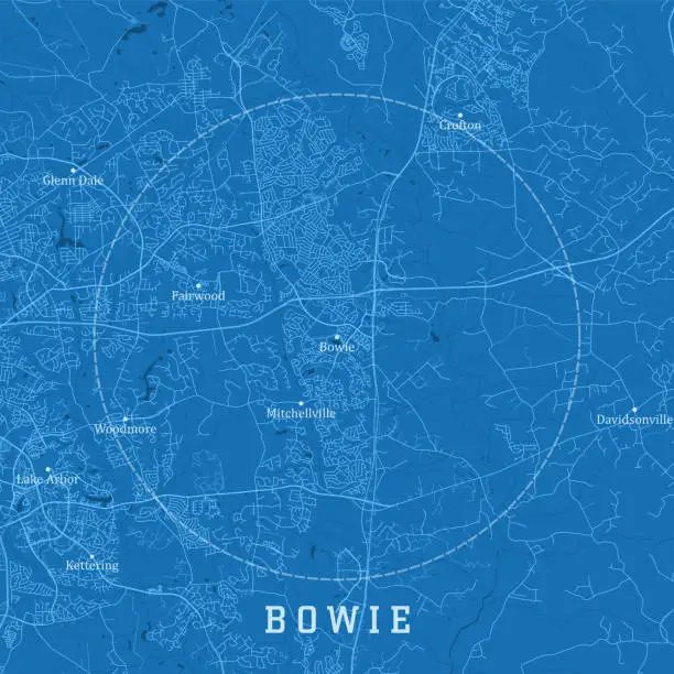 Vector illustration of Bowie MD City Vector Road Map Blue Text