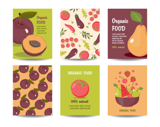 illustrazioni stock, clip art, cartoni animati e icone di tendenza di set di carte biologiche alimentari - cherry tomato