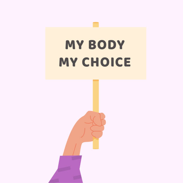 Pro-choice Planned Parenthood demonstration. A hand holding a sign with caption My Body My Choice. Protest against the ban on abortion. Feminist manifestation. Human rights. Vector flat illustration. Pro-choice Planned Parenthood demonstration. A hand holding a sign with caption My Body My Choice. Protest against the ban on abortion. Feminist manifestation. Human rights. Vector flat illustration reproductive rights stock illustrations