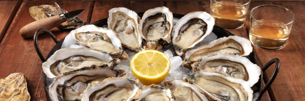 istock Fresh oysters panorama with wine on a wooden background 1312058245