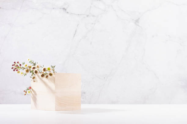 wooden cube podium with twig of white spring flowers in white and grey marble interior with sun light and shadow. showcase for cosmetics, products. - construction platform wood nature contemporary imagens e fotografias de stock