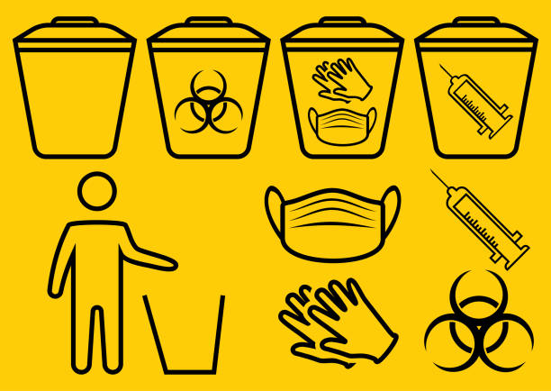 ilustrações de stock, clip art, desenhos animados e ícones de medical mask utilization. the man throws the medical trash. biohazard waste disposal. biohazard infectious waste. trash can with biohazard medical gloves and mask symbol. covid waste. vector - bio hazard