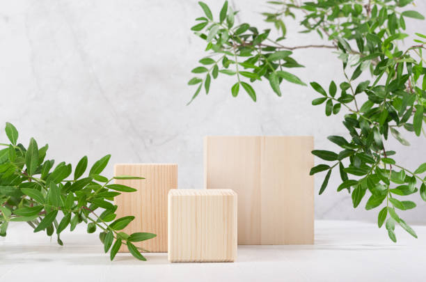 natural style for cosmetics product display - wooden square podiums  with green leaves, shadow on white wood table and grey marble wall. - construction platform wood nature contemporary imagens e fotografias de stock