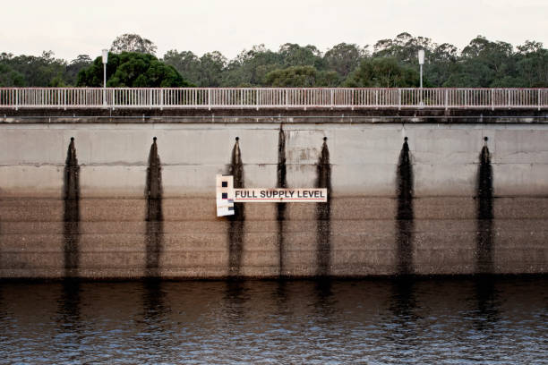 Water Level at Lake Samsonvale North Pine Dam April 2021, a mass concrete gravity dam. It stores drinking water for the people of North Brisbane and Moreton Bay in Queensland Australia.