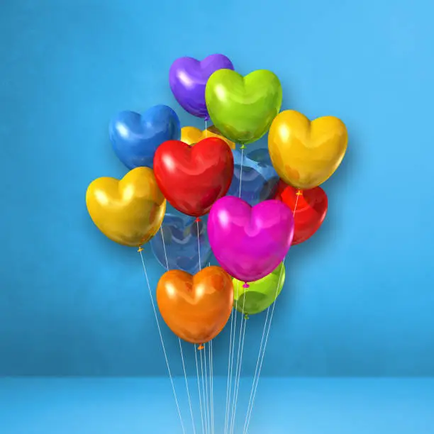 Colorful heart shape balloons bunch on a blue wall background. 3D illustration render