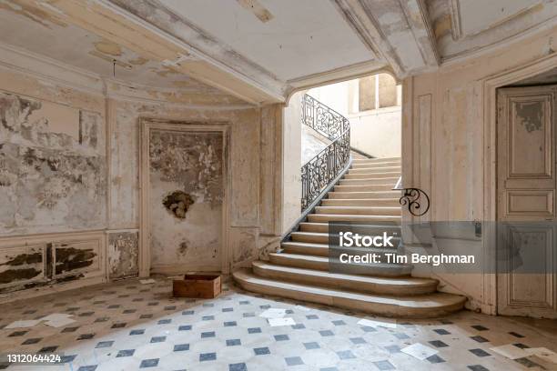 Spacious Stairwell In A Ruined Empty Castle Stock Photo - Download Image Now - Castle, Indoors, Abandoned Place