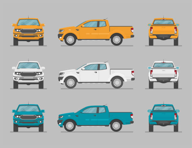 Vector pickup truck from different sides. Side view, front view, back view, top view. Cartoon flat illustration, auto for graphic and web design. pick up truck stock illustrations