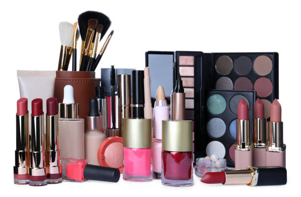 istock Different luxury decorative cosmetics and brushes on white background 1312068222