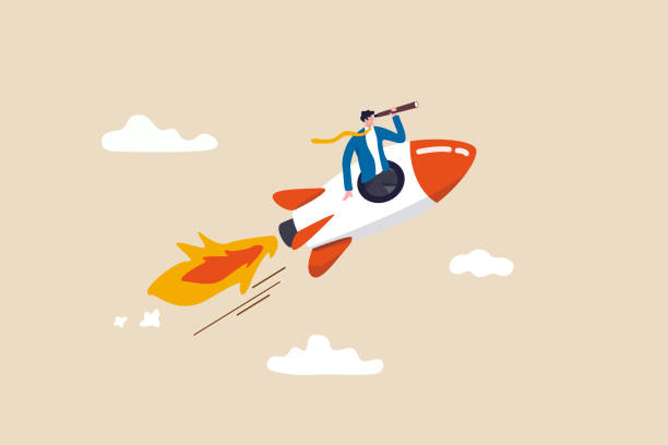 istock Entrepreneurship, startup vision or empowerment, leadership to see future vision and start business concept, smart confidence businessman manager open rocket window using telescope looking forward. 1312068550