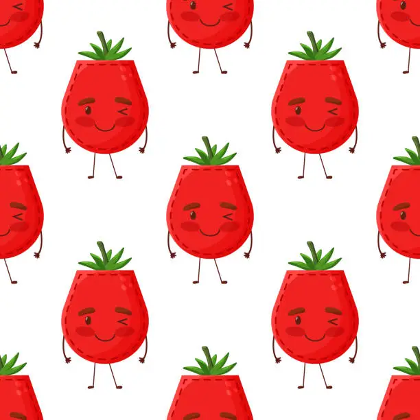 Vector illustration of Seamless pattern tomato shaped patch pocket. Character pocket tomato. Cartoon style. Design element. Template for your shirts, books, stickers, cards, posters. Vector illustration