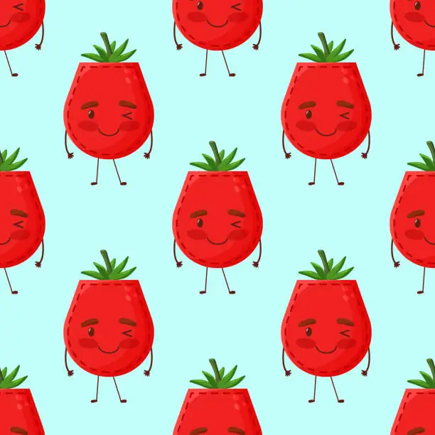 Vector illustration of Seamless pattern tomato shaped patch pocket. Character pocket tomato. Cartoon style. Design element. Template for your shirts, books, stickers, cards, posters. Vector illustration
