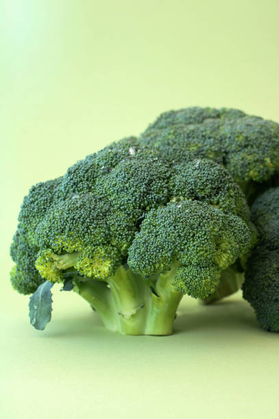 istock Isolated broccoli on a green background, copy space 1312069560