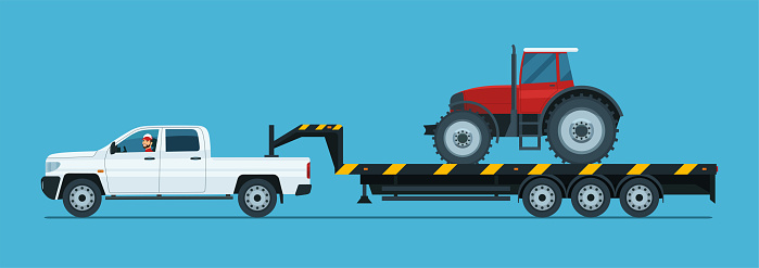 A pickup truck tows a tractor on a trailer isolated. Vector flat style illustration.