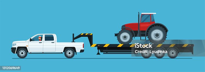 istock A pickup truck tows a tractor on a trailer isolated. Vector flat style illustration. 1312069649