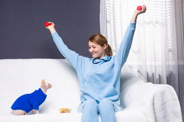 Photo of A young, energetic girl in a tracksuit does fitness exercises at home on the couch with the help of dumbbells next to the Sphynx cat. Healthy and cheerful morning.