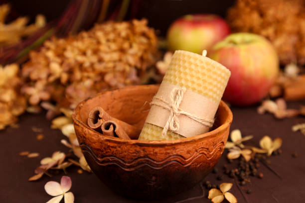 beeswax candle made by hand, cinnamon, apples and dry hydrangea flowers on brown background. Honey aroma for interior and tradition. Mockup, front view.