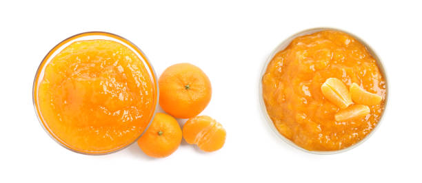 istock Collage with delicious tangerine jam on white background, top view. Banner design 1312069962
