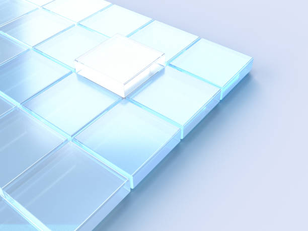 istock 3D rendered flat squares in light blue colors with one lifted white cube. Illustration for blockchain businesses, cryptographic technology, or artificial intelligence analysis. 1312070508