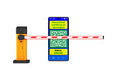 automatic barrier and digital passport of vaccination in phone on white background. Isolated 3D illustration