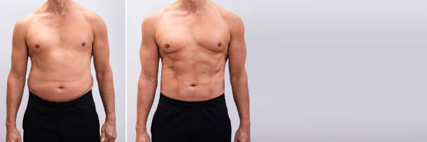 成熟した男 前と後の白い背景に減量 - men muscular build abdominal muscle large ストックフォトと画像