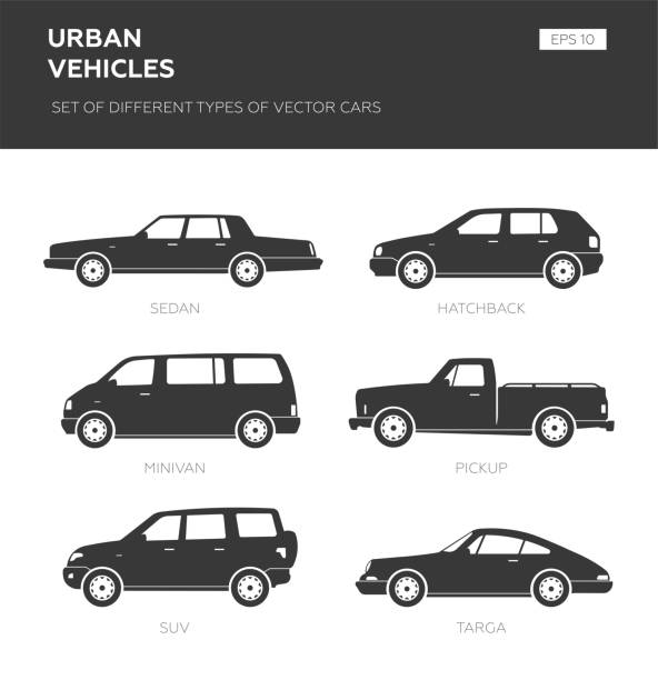 Urban vehicles. Set of different types of vector cars: sedan, hatchback, minivan, suv, mini truck, coupe. Cartoon flat illustration, auto for graphic and web design. truck silhouettes stock illustrations