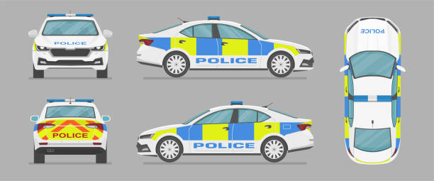 영어 경찰차. 다른 면에서 벡터 자동차. 측면 보기, 전면 보기, 백뷰, 상단 보기. - british transport police stock illustrations