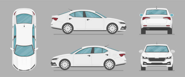 Сar from different sides. Side view, front view, back view, top view. Vector sedan auto. Cartoon car in flat style. hatchback side stock illustrations