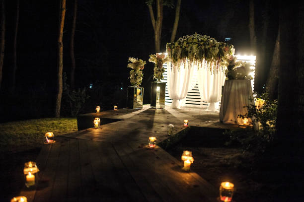 istock arch decorated with flower compositions and curtains at night; a path with candles that goest to it 1312073384