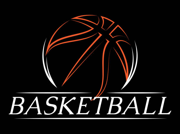 Template with basketball ball. Colored vector illustration. Black background. Element for design of brand team, business cards, site - ilustração de arte vetorial