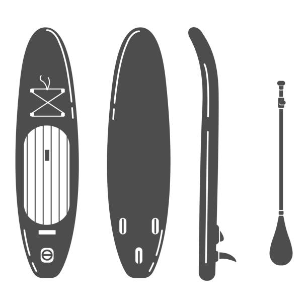 Vector SUP Board and Paddle Icons Set Vector Silhouette of SUP Board and Paddle. Black Icons Supboard Set paddleboard stock illustrations