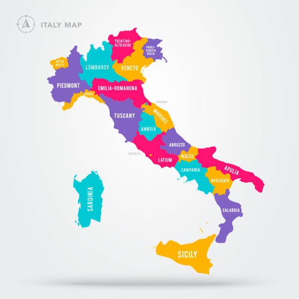 illustrazioni stock, clip art, cartoni animati e icone di tendenza di mappa illustrazione vettoriale dell'italia con regioni. paese italiano con etichette di nome - italia