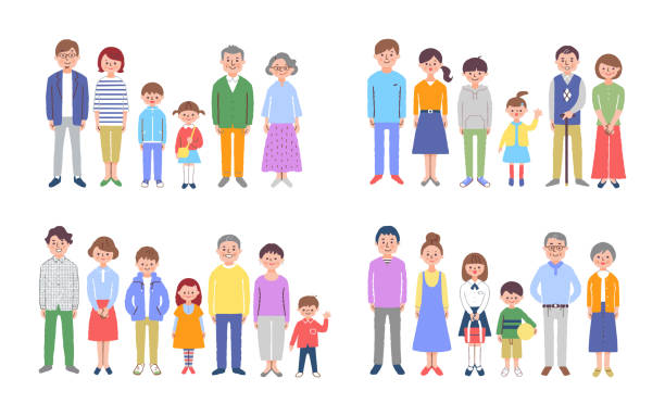 4 gruppen von lächelnden drei-generationen-familien - family portrait asian ethnicity mother stock-grafiken, -clipart, -cartoons und -symbole