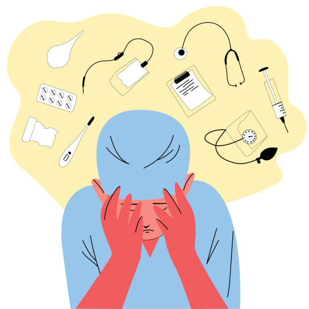Hand drawn young doctor covers his face with his hands. Hand drawn young doctor covers his face with his hands. The cartoon doctor is tired of working. Depression on the background of fatigue. Color vector illustration on an isolated white background. mental burnout stock illustrations
