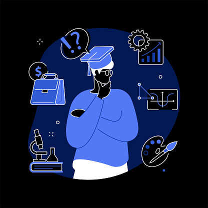 College choice abstract concept vector illustration. College choice advisor, rankings, career assessment test, graduation, important decision, higher education, choose institute dark mode metaphor.